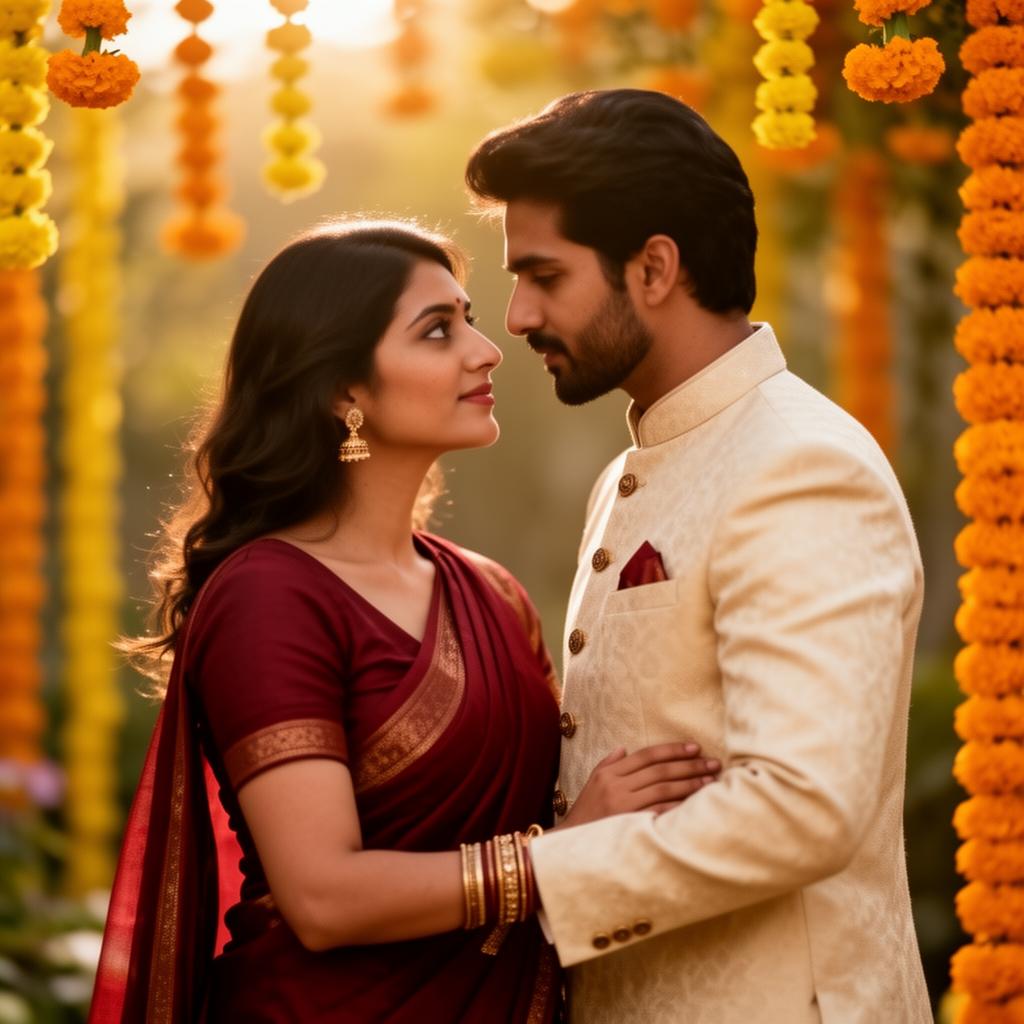 Romantic Indian couple in warm golden hour Bollywood-style portrait